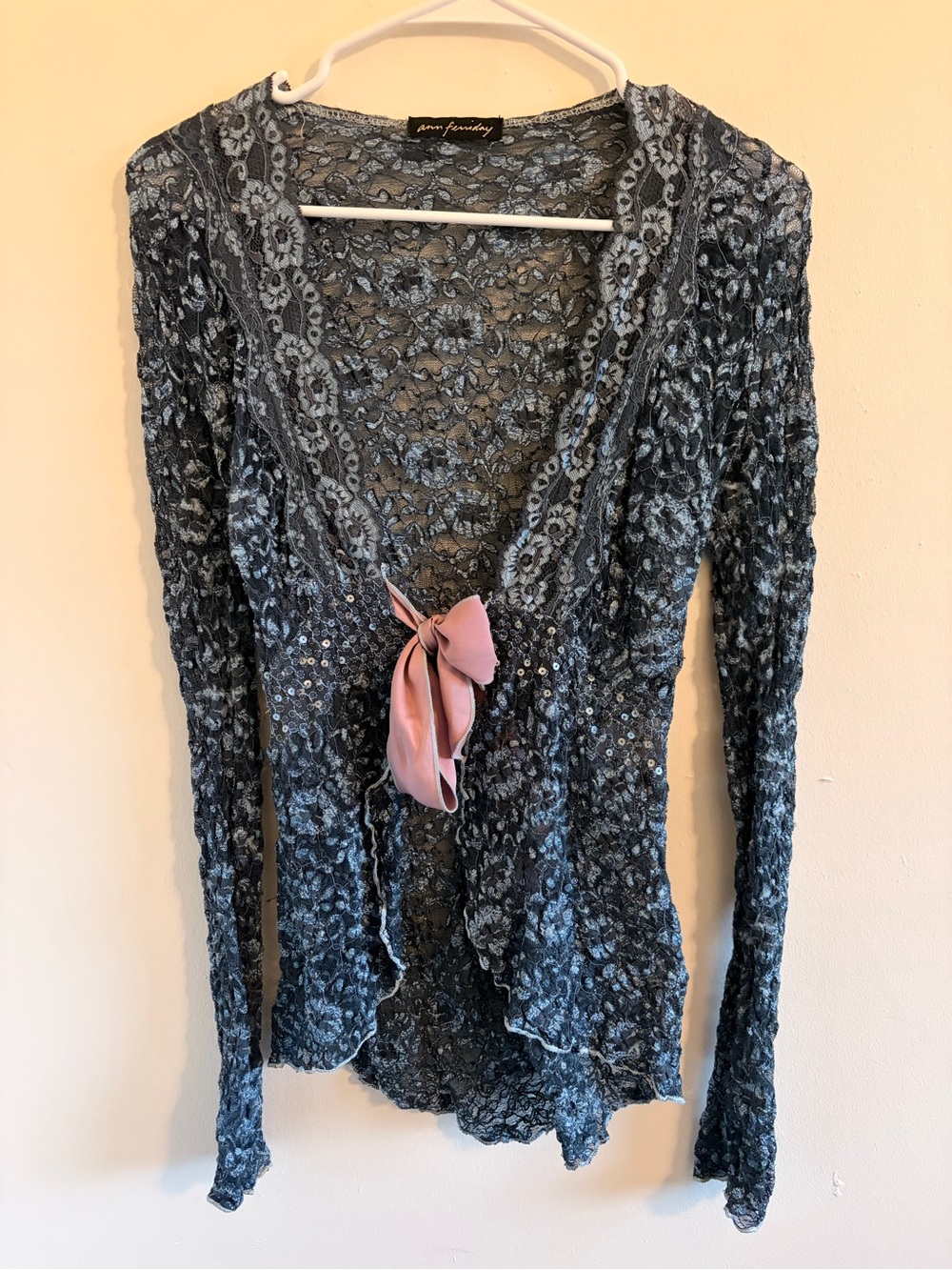 Ann Ferriday Blue Lace-Effect Cardigan with Pink Bow